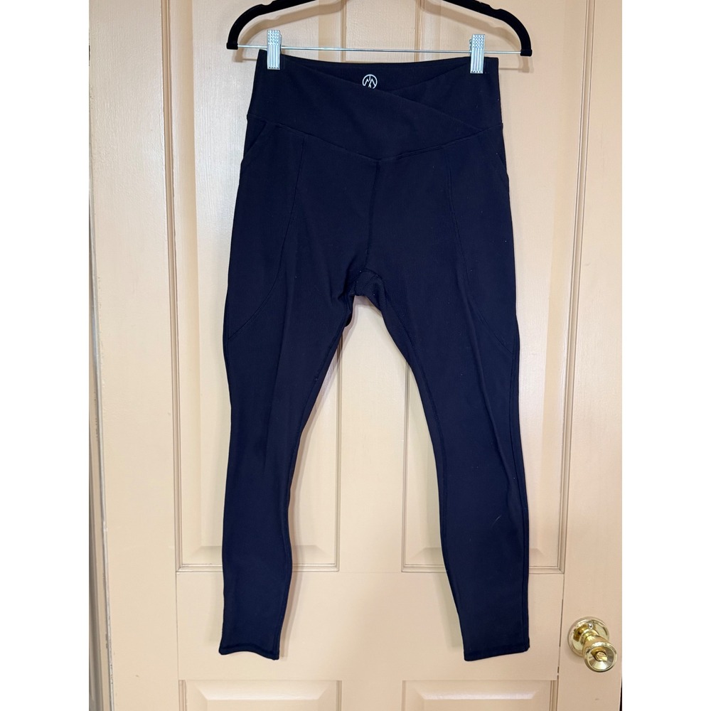 Move Theology‎ Womens High Waisted Crossover Ribbed Leggings Black Size M Pocket